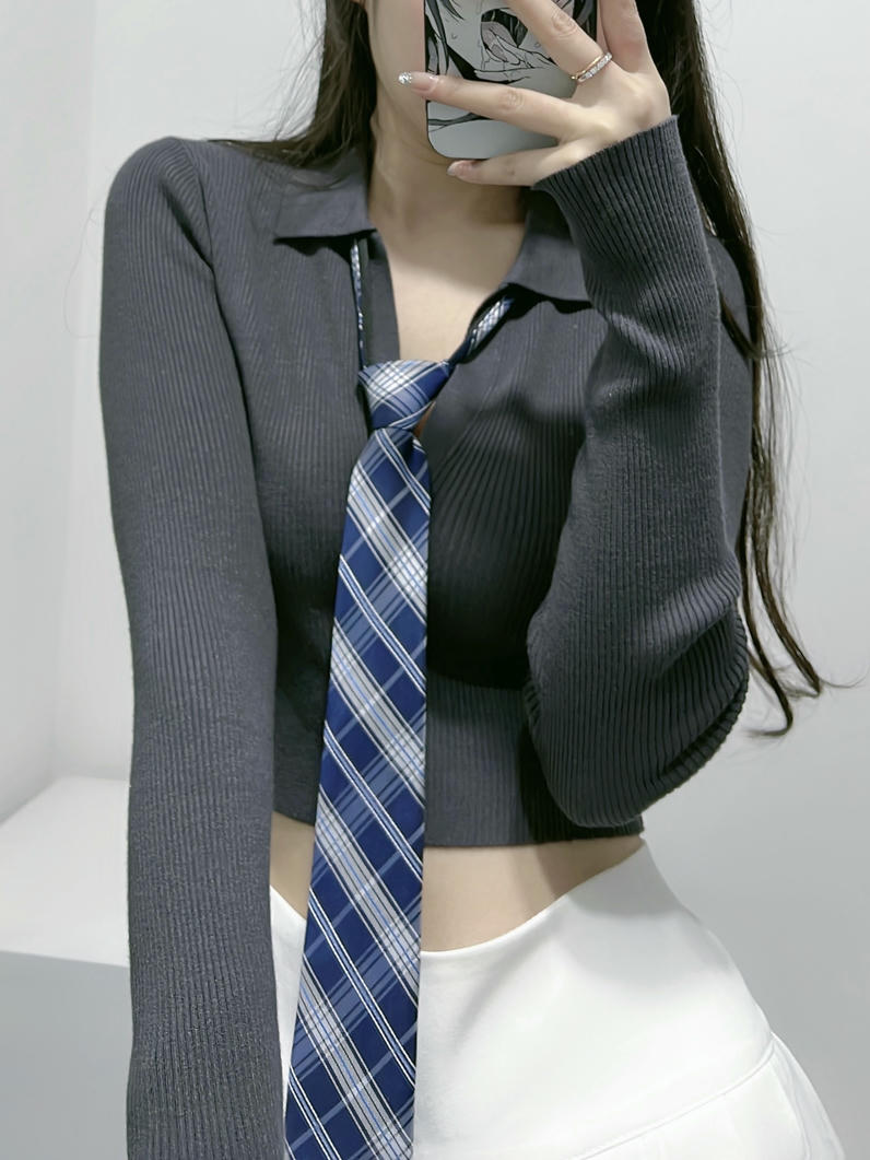 粉色的猪陈佩奇微密圈-139 欧美修身短款针织衫2021早春女装新款基础款弹力polo领_第1集