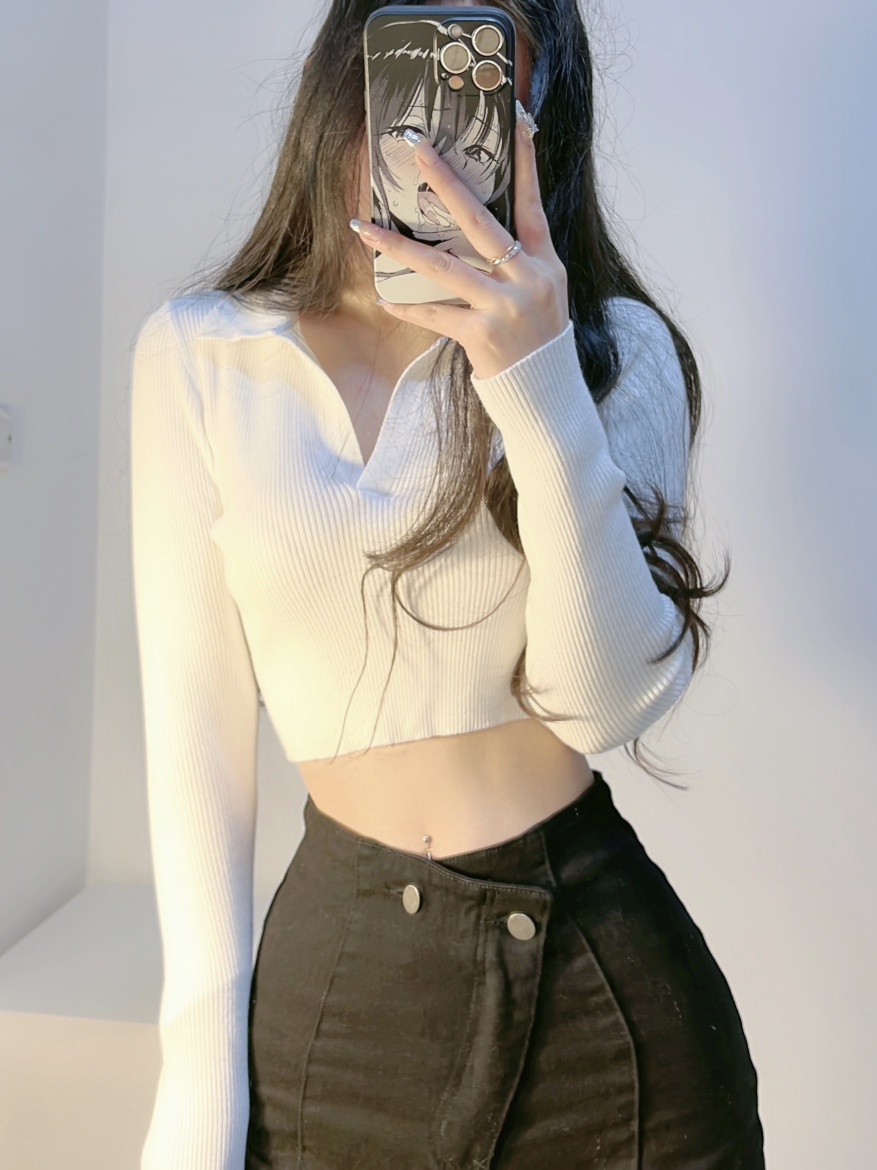 粉色的猪陈佩奇微密圈-139 欧美修身短款针织衫2021早春女装新款基础款弹力polo领_第1集