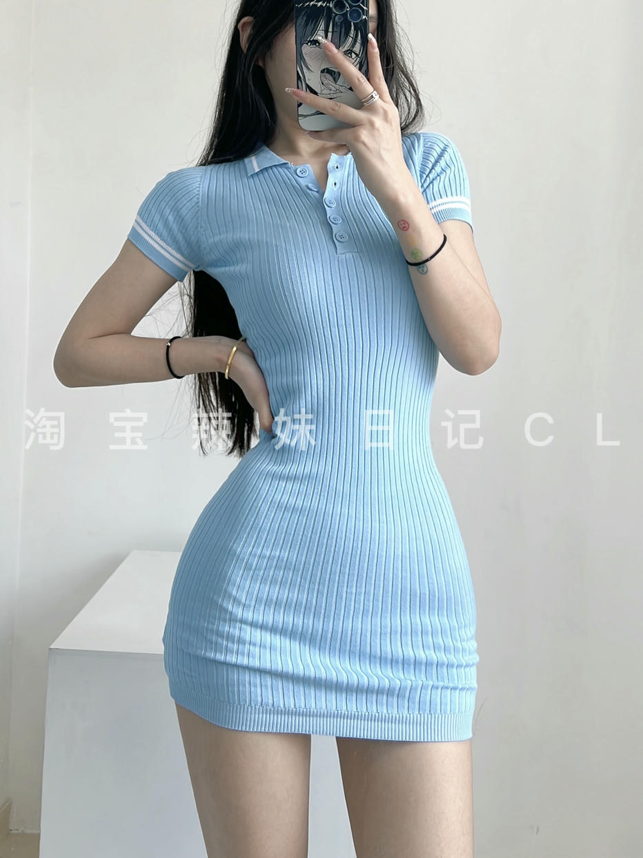 粉色的猪陈佩奇微密圈-158 夏季POLO领撞色针织连衣裙女装新款修身短袖包臀裙ins潮_第1集