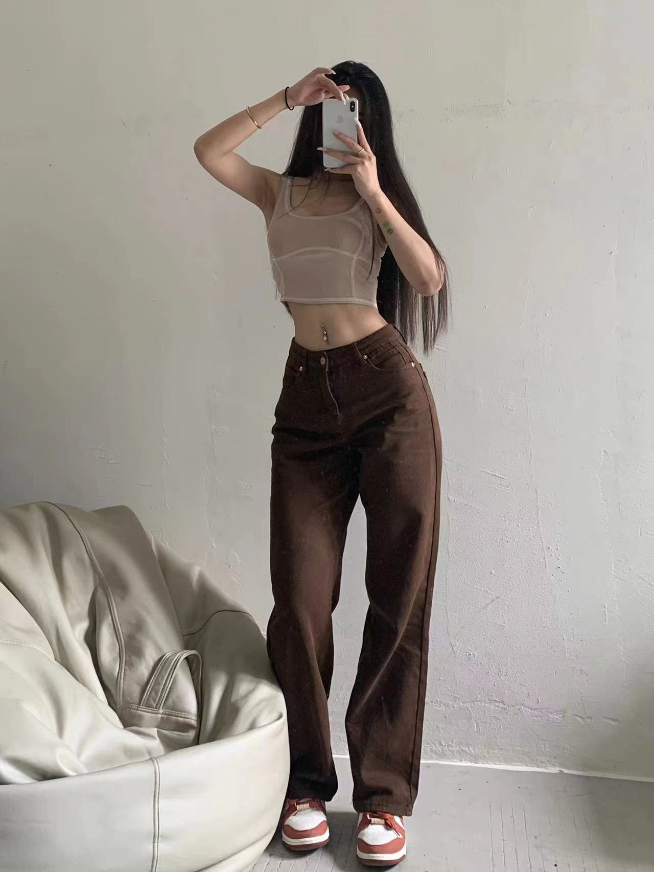 粉色的猪陈佩奇微密圈-194 欧美复古毛边五角星口袋直筒牛仔女百搭烟管高腰长裤_第1集