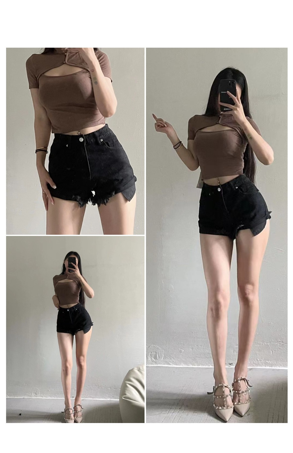 粉色的猪陈佩奇微密圈-203 欧美风女装镂空旗袍领螺纹短袖纯色挖空设计感T恤上衣_第1集
