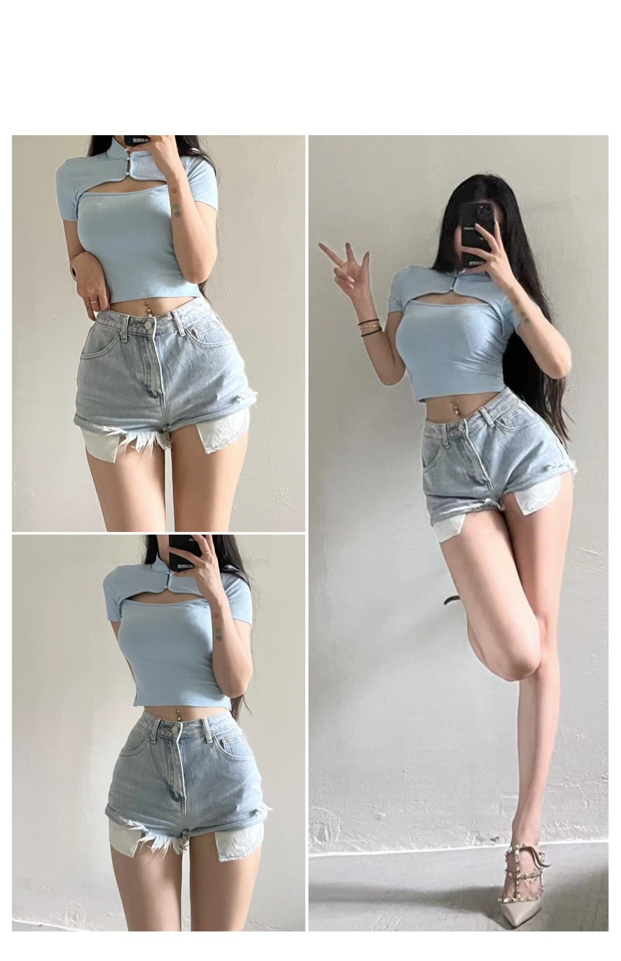 粉色的猪陈佩奇微密圈-203 欧美风女装镂空旗袍领螺纹短袖纯色挖空设计感T恤上衣_第1集