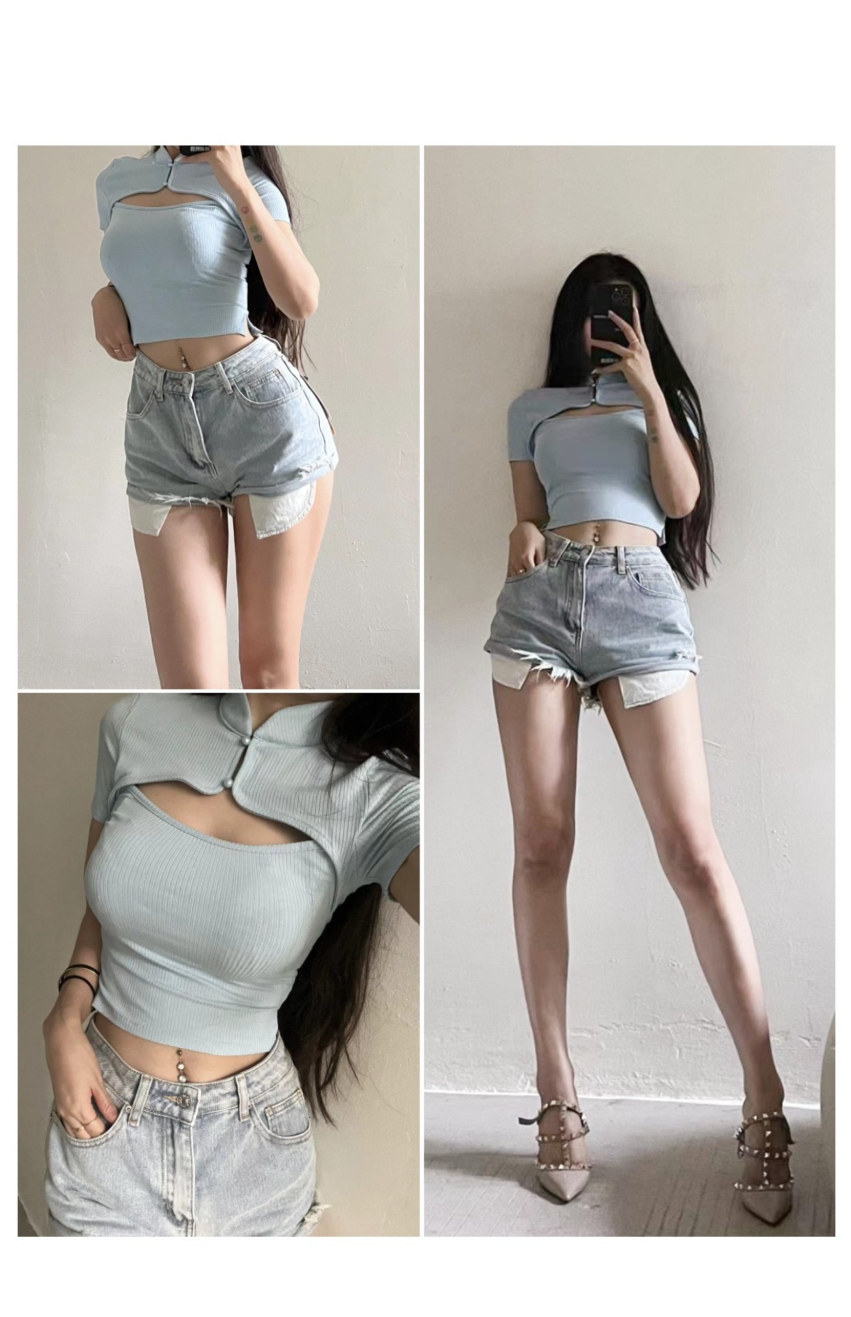 粉色的猪陈佩奇微密圈-203 欧美风女装镂空旗袍领螺纹短袖纯色挖空设计感T恤上衣_第1集