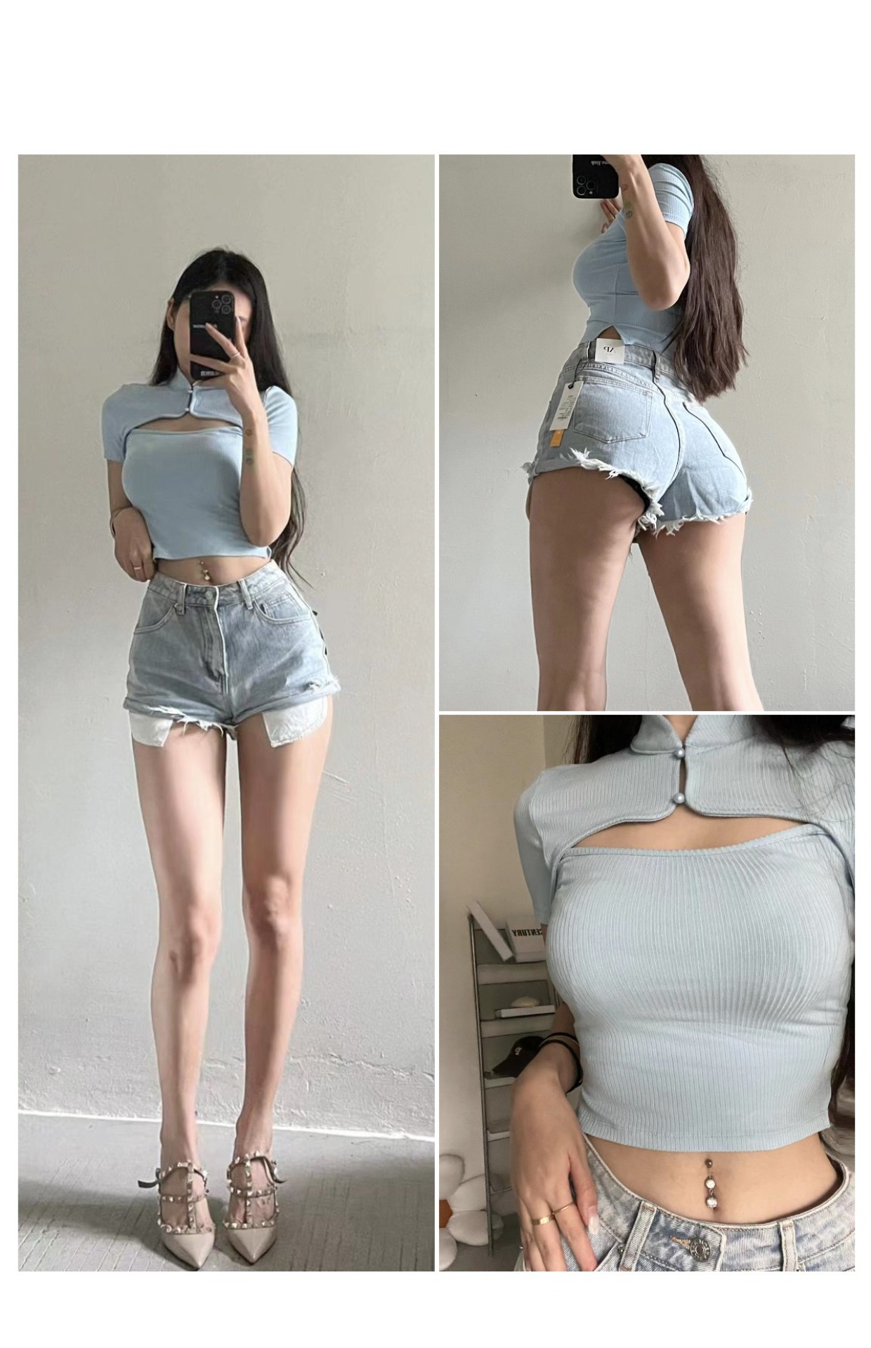 粉色的猪陈佩奇微密圈-203 欧美风女装镂空旗袍领螺纹短袖纯色挖空设计感T恤上衣_第1集