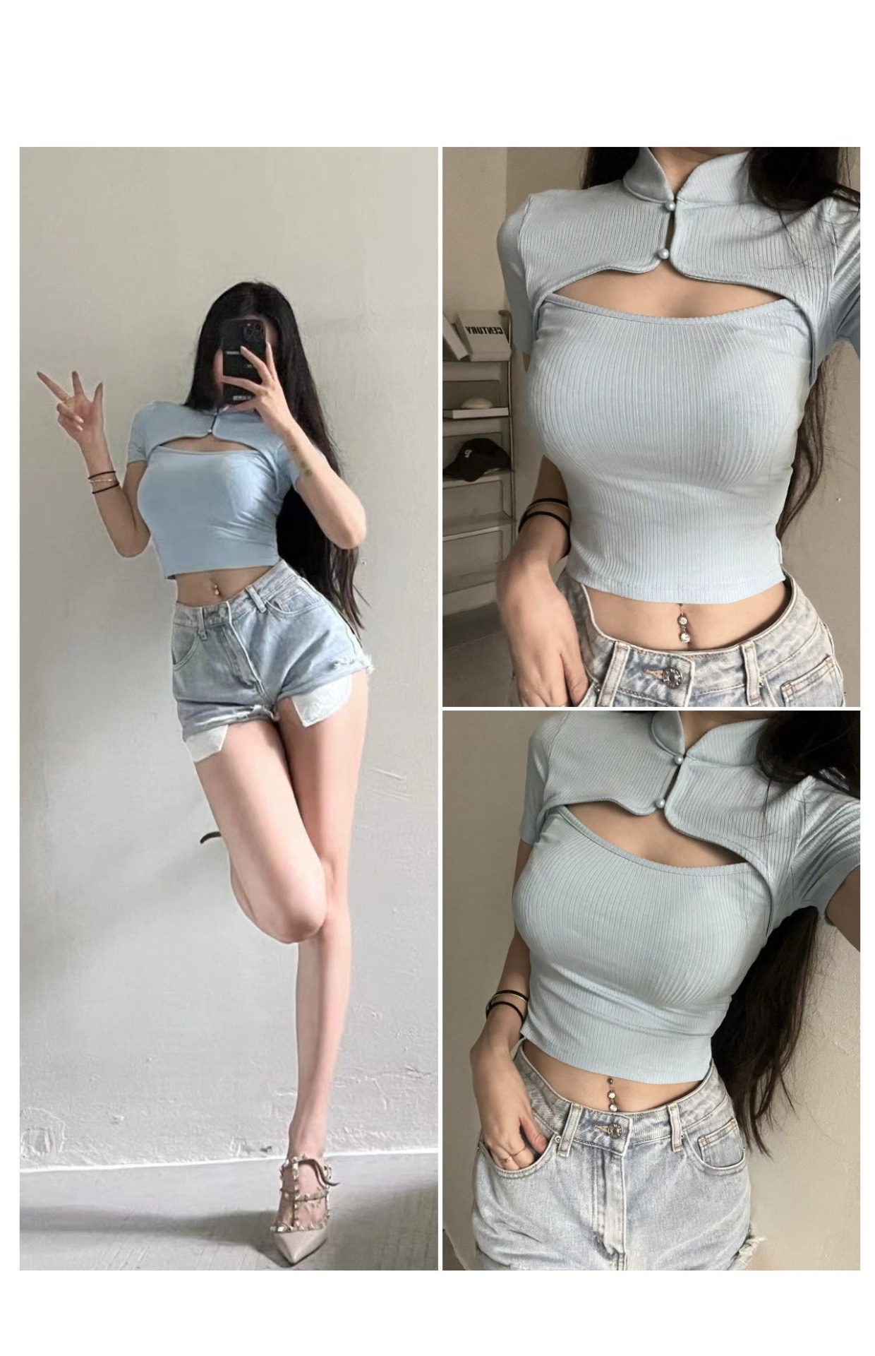 粉色的猪陈佩奇微密圈-203 欧美风女装镂空旗袍领螺纹短袖纯色挖空设计感T恤上衣_第1集