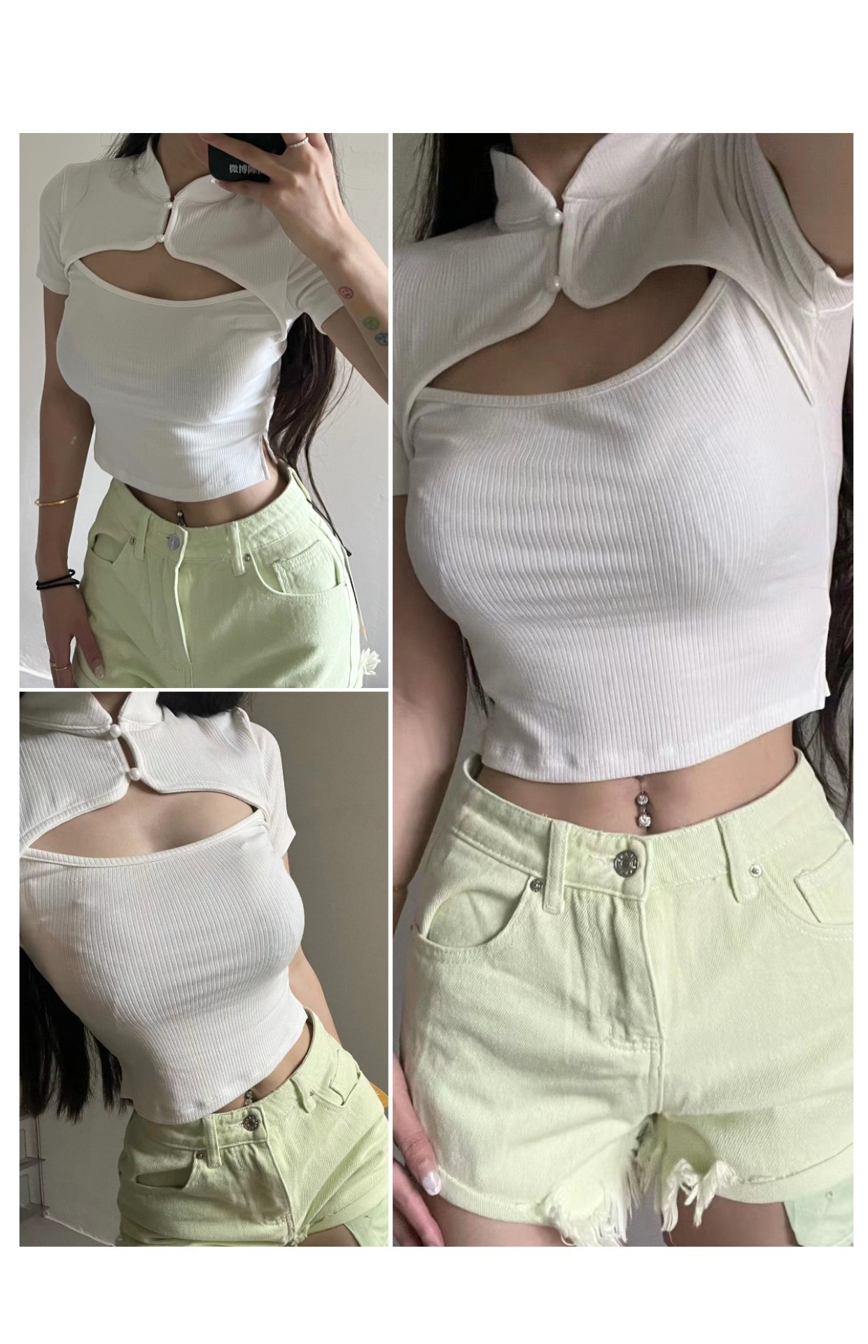 粉色的猪陈佩奇微密圈-203 欧美风女装镂空旗袍领螺纹短袖纯色挖空设计感T恤上衣_第1集