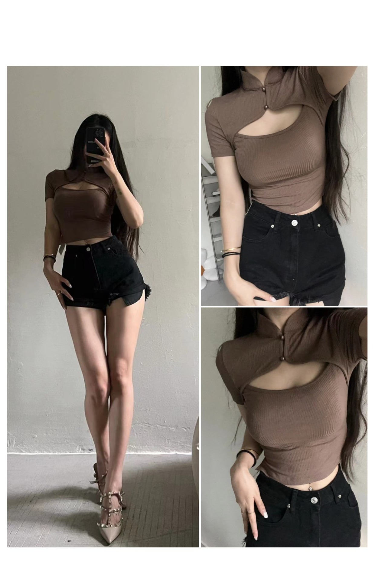 粉色的猪陈佩奇微密圈-203 欧美风女装镂空旗袍领螺纹短袖纯色挖空设计感T恤上衣_第1集