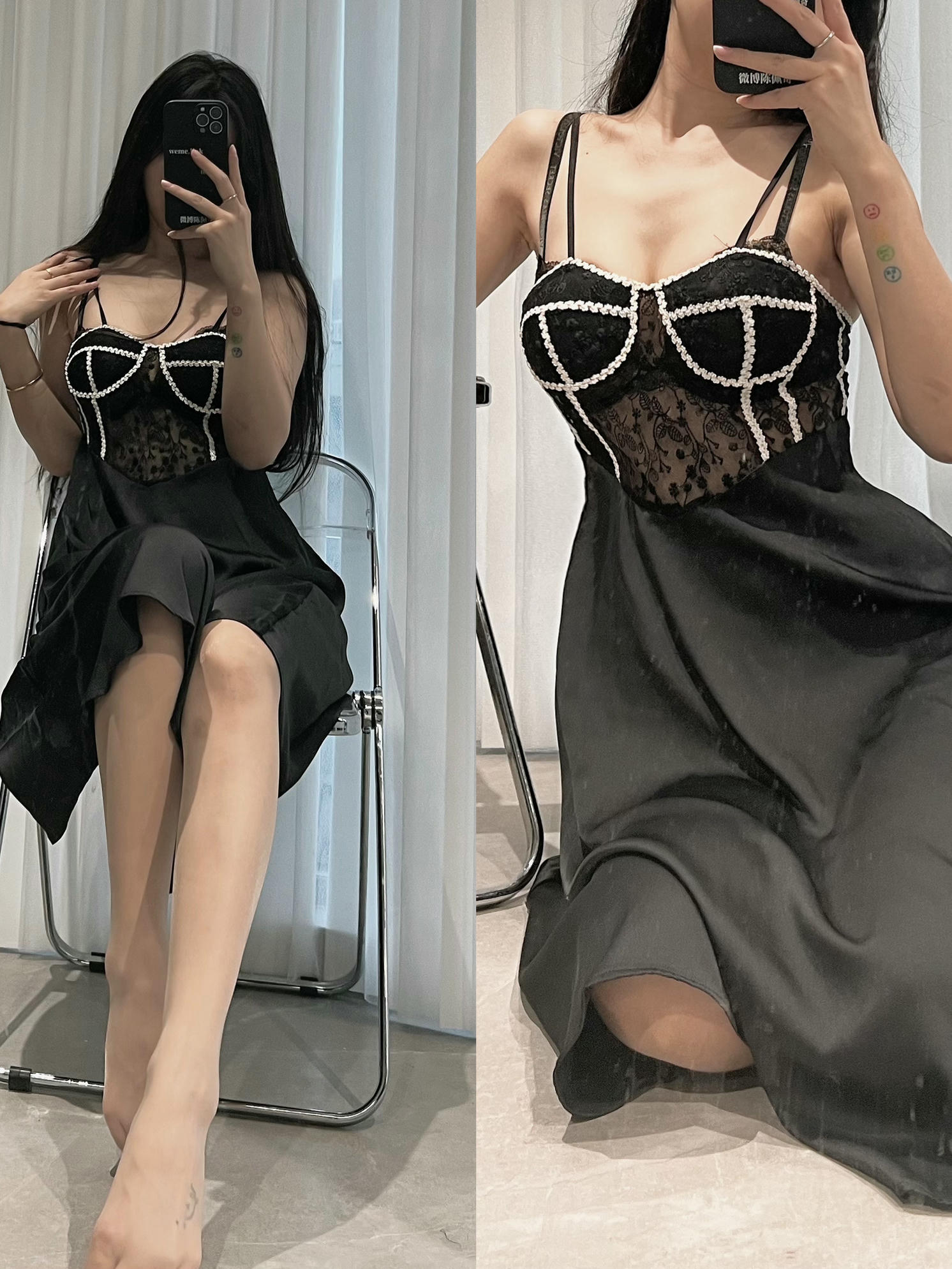 粉色的猪陈佩奇微密圈-218 秋季性感蕾丝透视睡衣女缎面胸垫吊带睡裙家居服套装_第1集